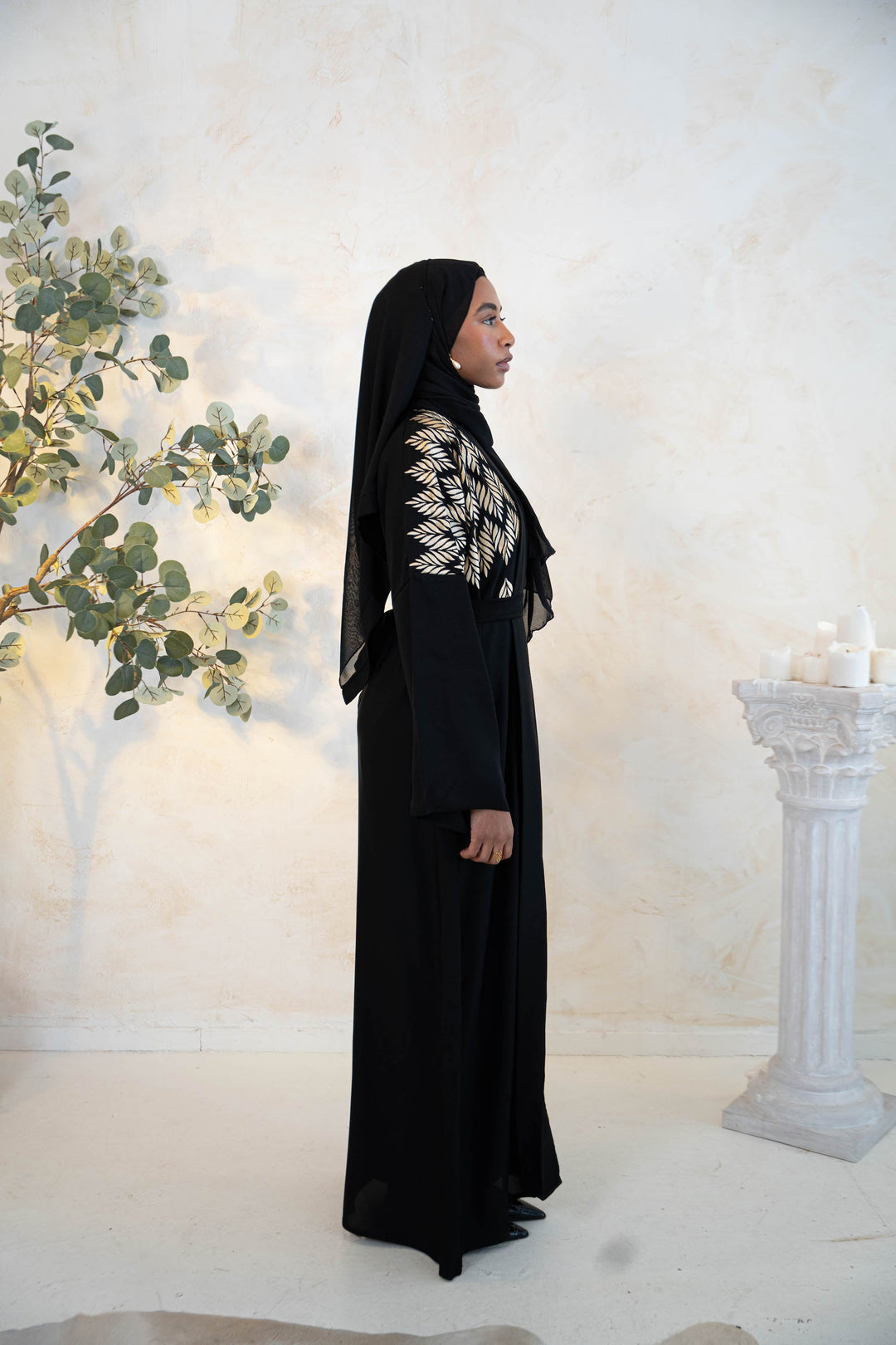 Urban Modesty - Black Gold Embroidered Belted Kimono Sleeves Open Front Abaya
