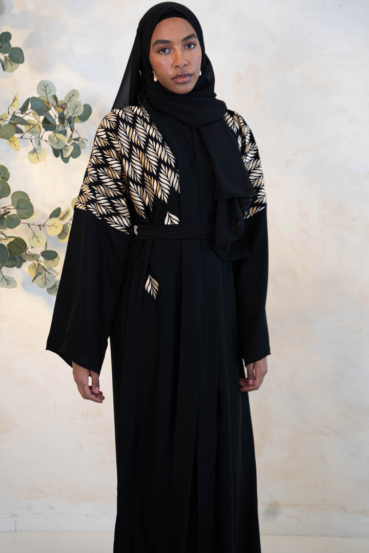 Black Gold Embroidered Belted Kimono Sleeves Open Front Abaya