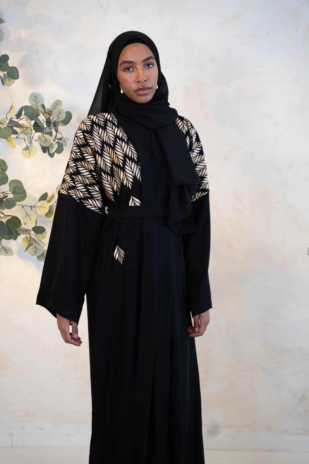 Black Gold Embroidered Open Front Abaya-CLEARANCE