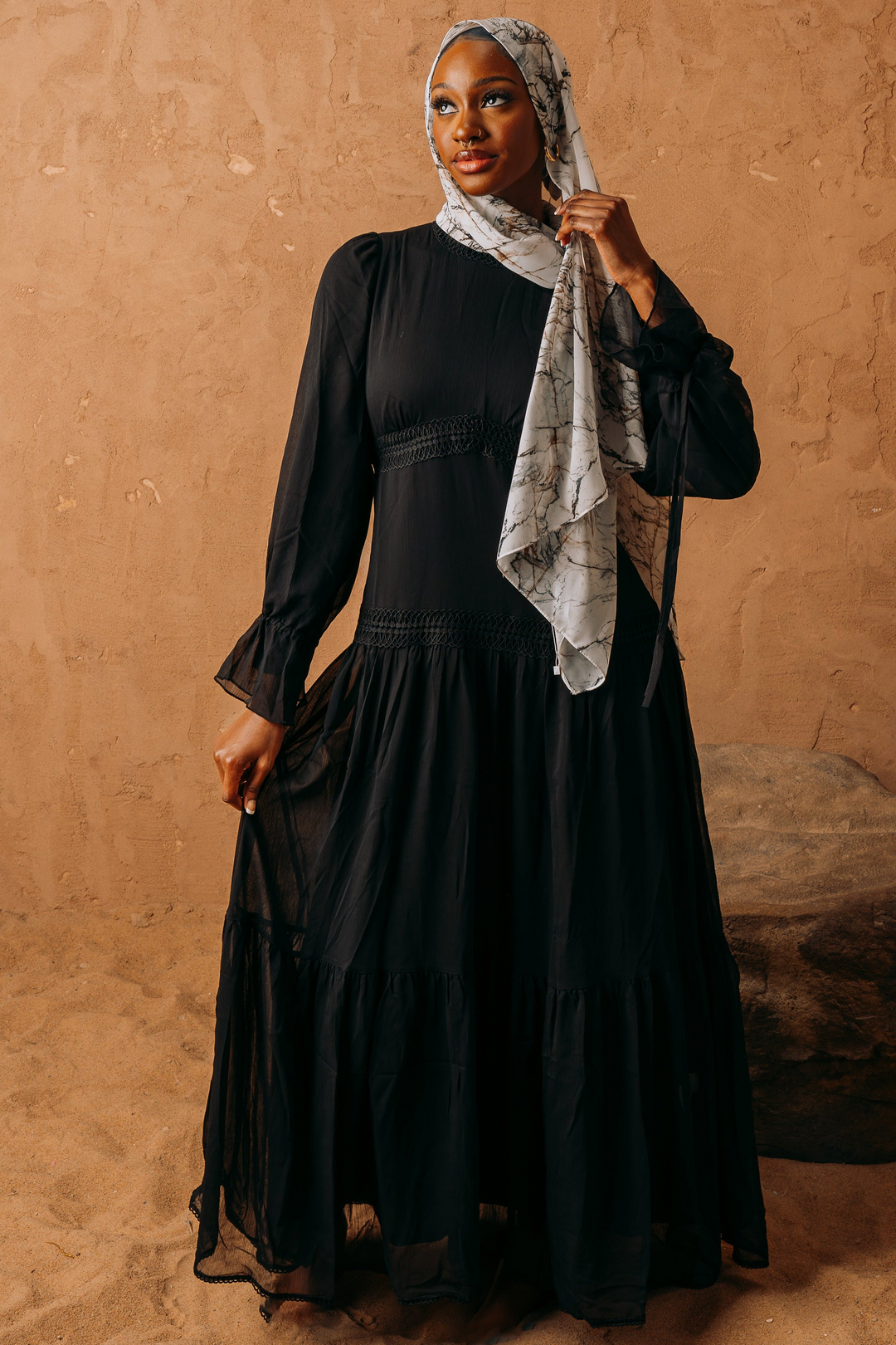Urban Modesty - Black Lace Empire Waist Tiered Maxi Dress