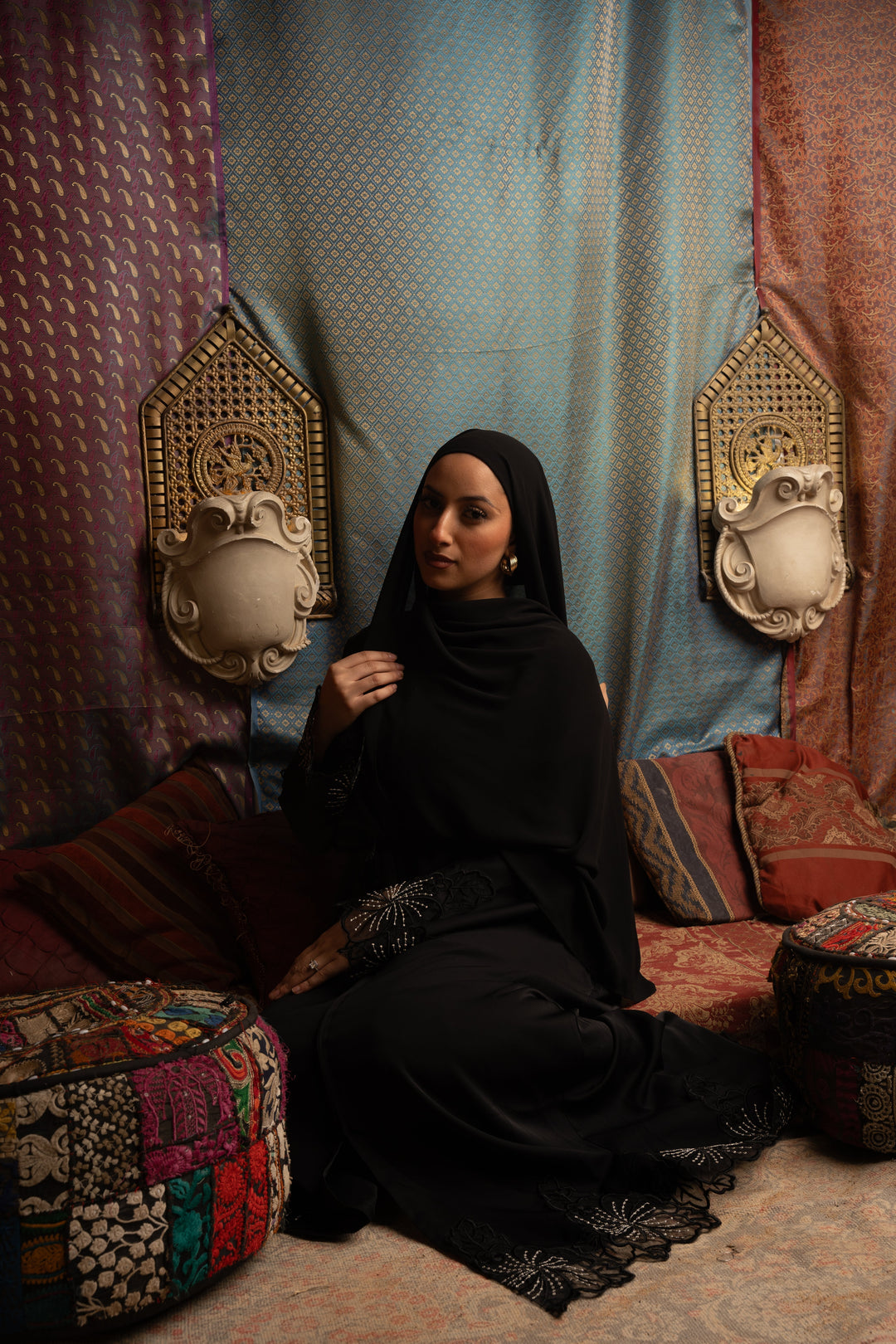Urban Modesty - Black Lace Sleeve and Hem Open Front Abaya