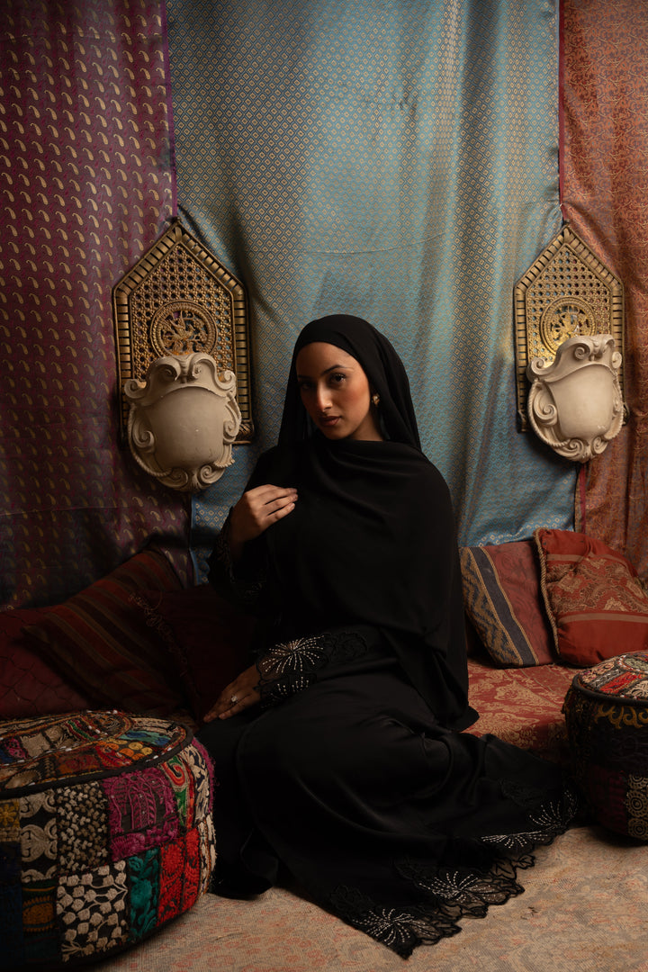 Urban Modesty - Black Lace Sleeve and Hem Open Front Abaya