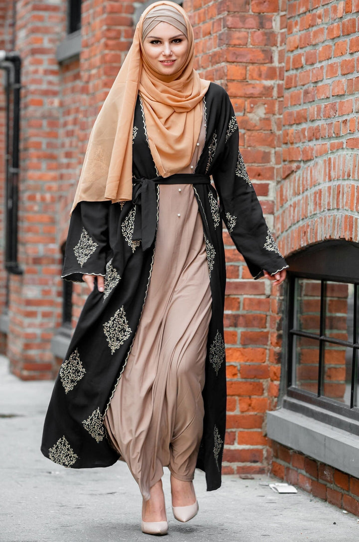 Urban Modesty - Black Marrakech Damask Open Front Abaya