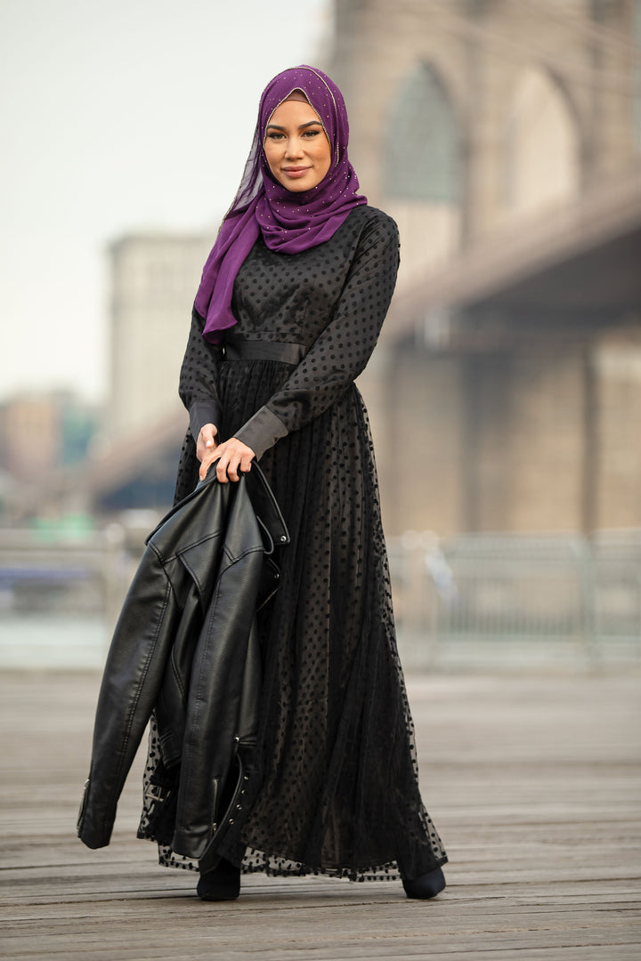 Urban Modesty - Black Mesh Polka Dot Long Sleeve Maxi Dress- Clearance