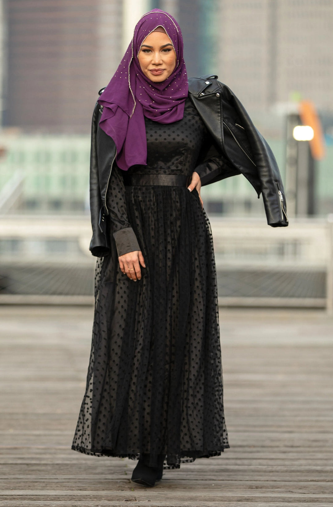 Urban Modesty - Black Mesh Polka Dot Long Sleeve Maxi Dress- Clearance