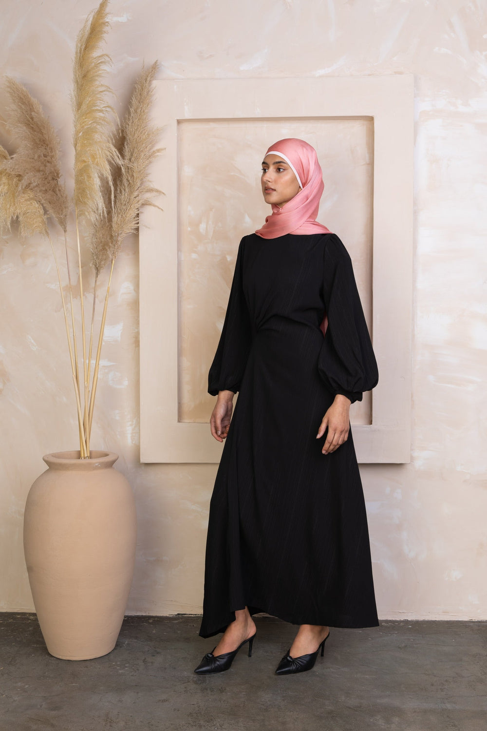 Urban Modesty - Black Of Night Metallic Pinstripe Long Sleeve Maxi Dress