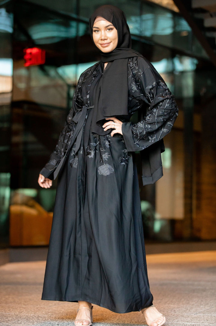 Urban Modesty - Black On Black Florals Open Front Abaya-CLEARANCE