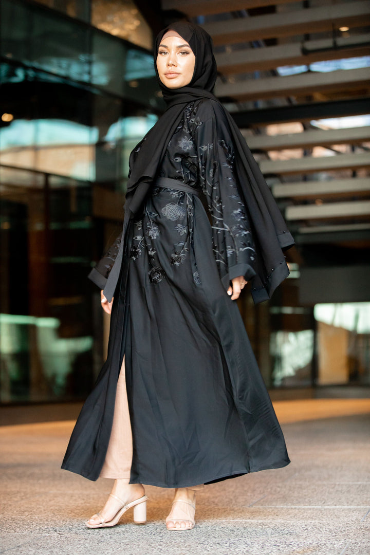 Urban Modesty - Black On Black Florals Open Front Abaya-CLEARANCE