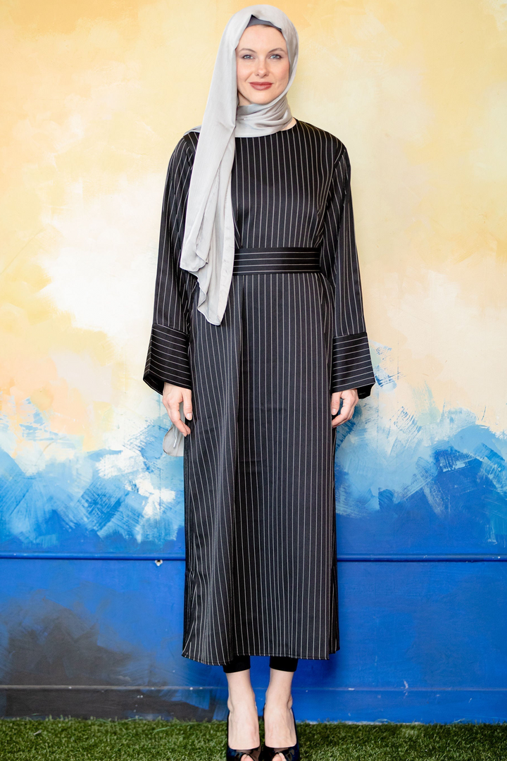 Black Pinstripe Kimono Sleeve Abaya-CLEARANCE