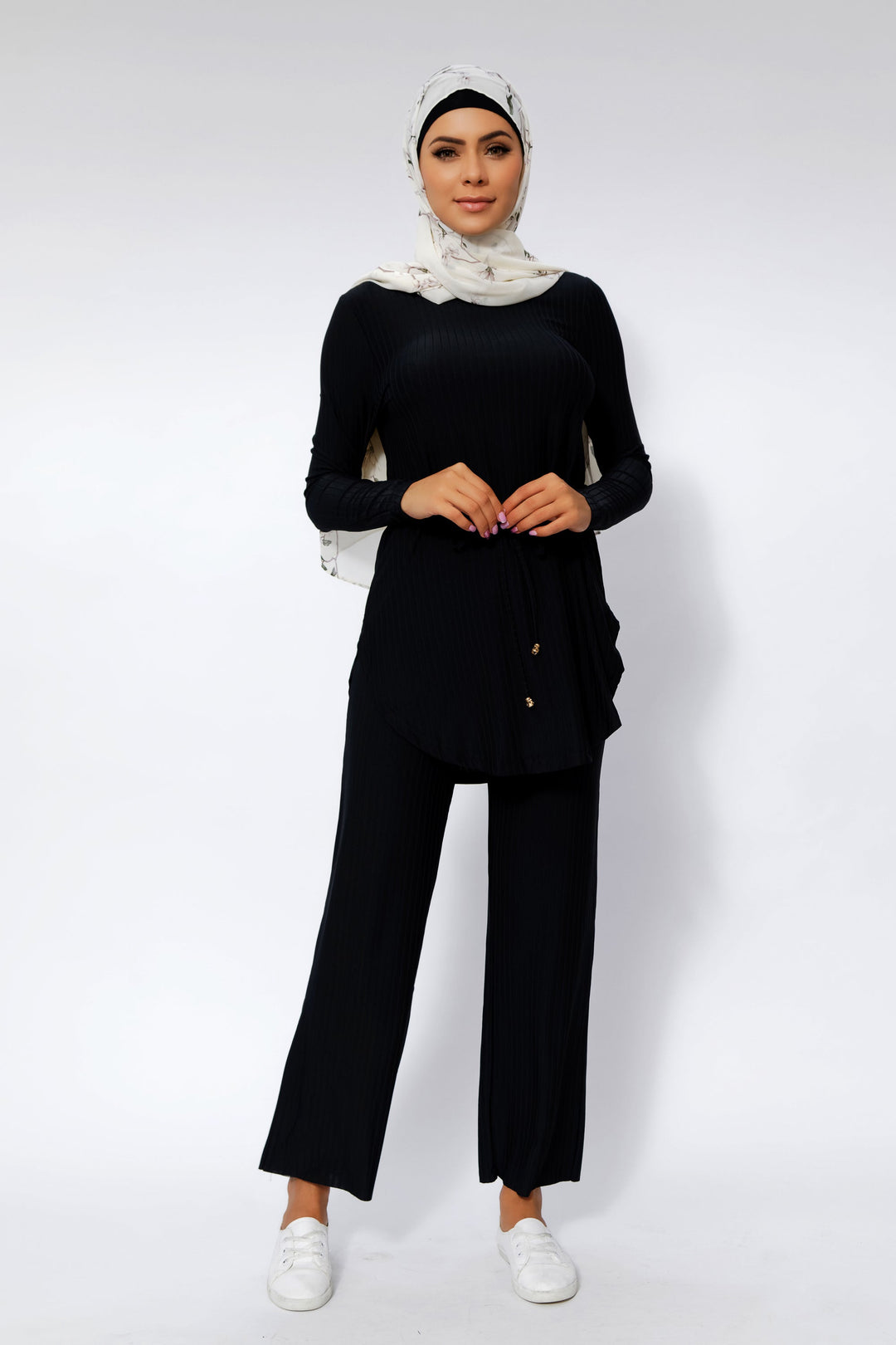 Urban Modesty - Black Ribbed Tunic & Pants Set