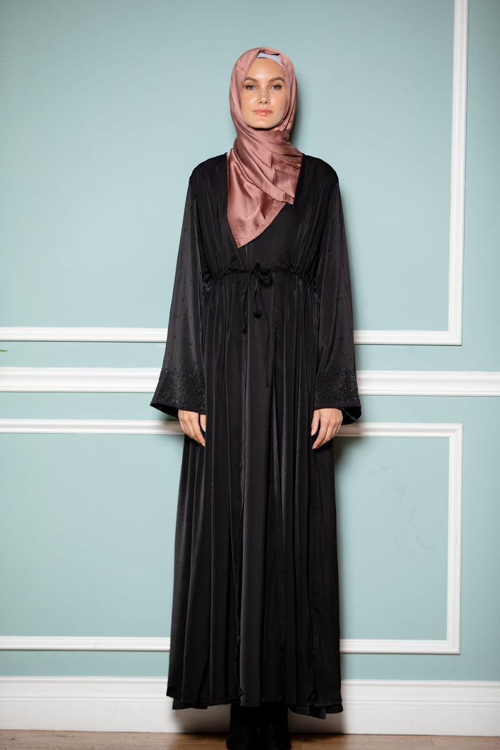 Urban Modesty - Black Satin Drawstring Open Front Abaya