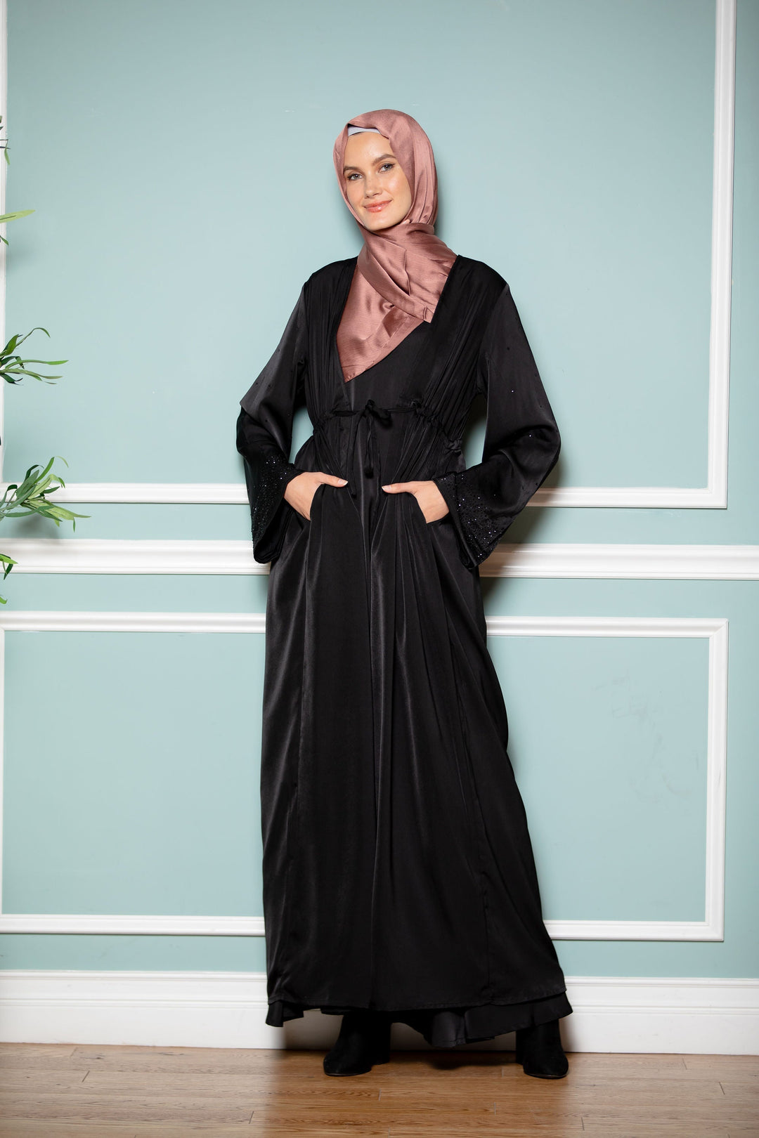 Urban Modesty - Black Satin Drawstring Open Front Abaya