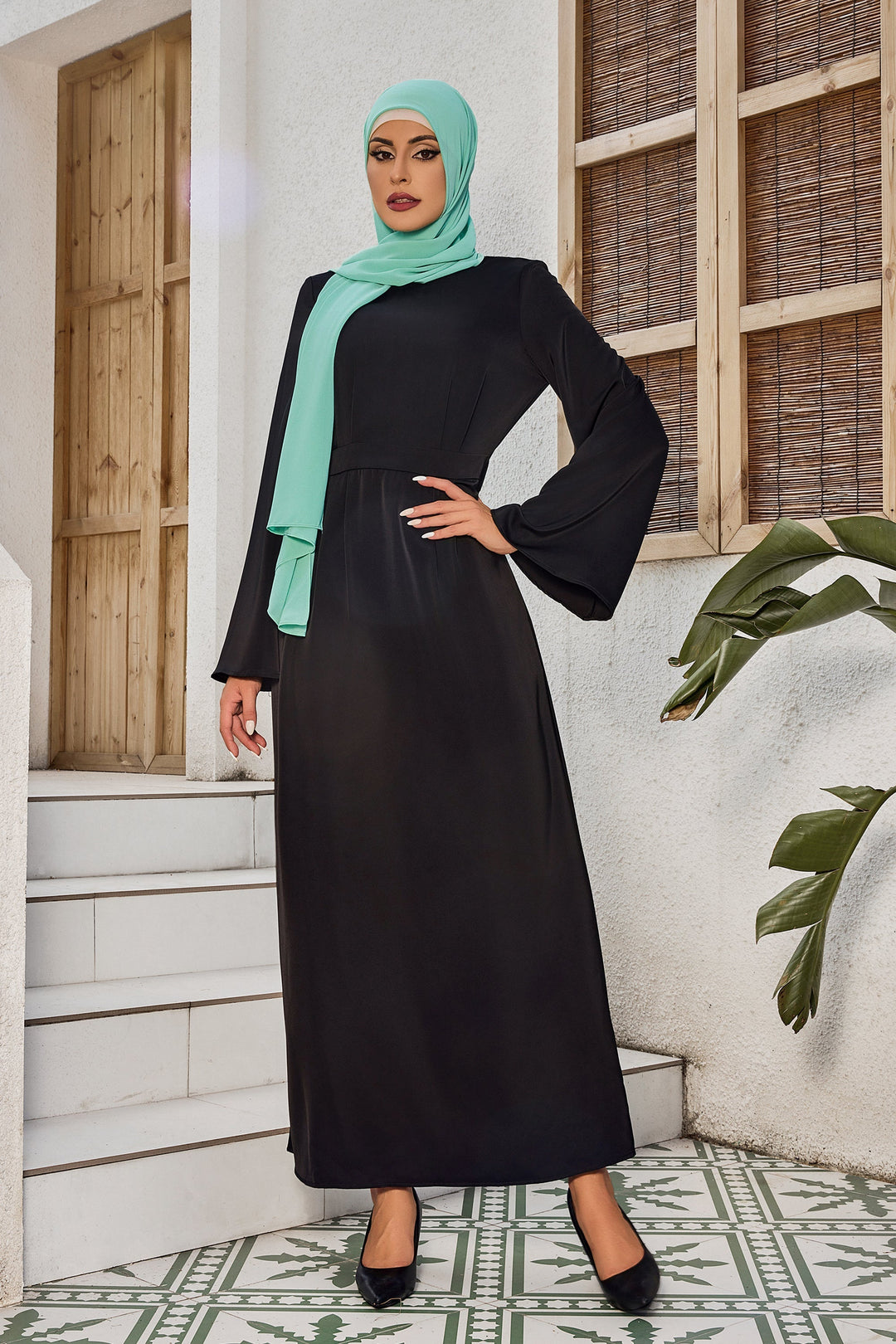Urban Modesty - Black Satin Kimono Sleeves Maxi Dress
