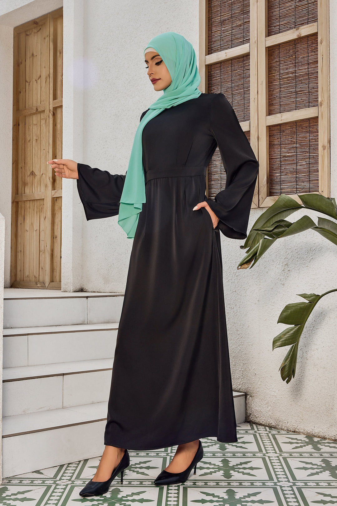 Black Satin Kimono Sleeves Maxi Dress-CLEARANCE