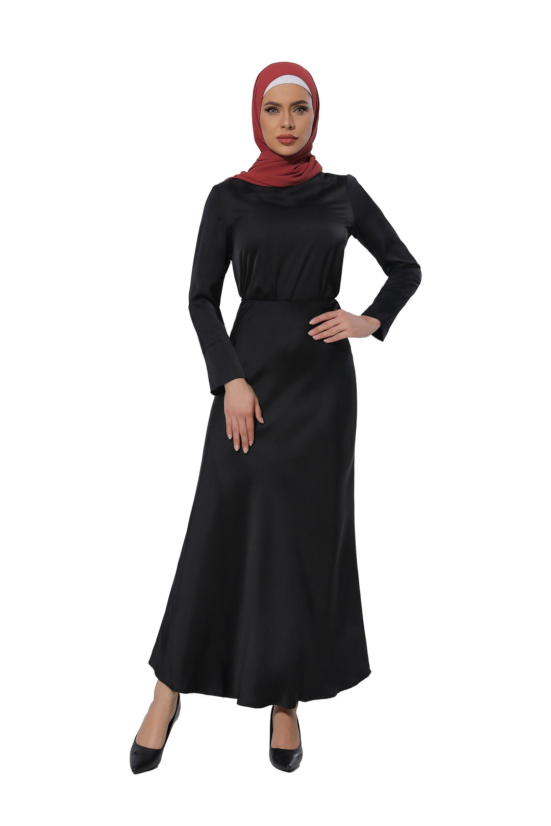 Black Satin Long Sleeve Skirt Set