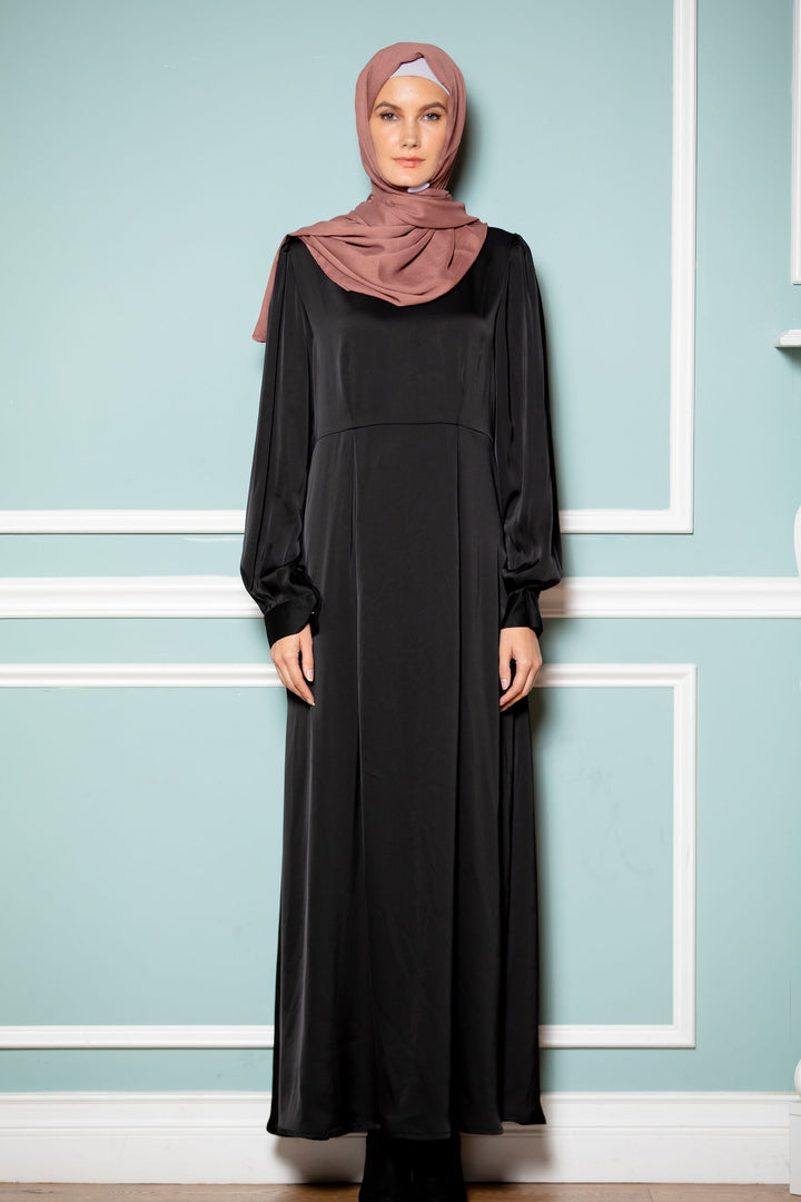 Black Satin Pockets Long Sleeves Maxi Dress-CLEARANCE