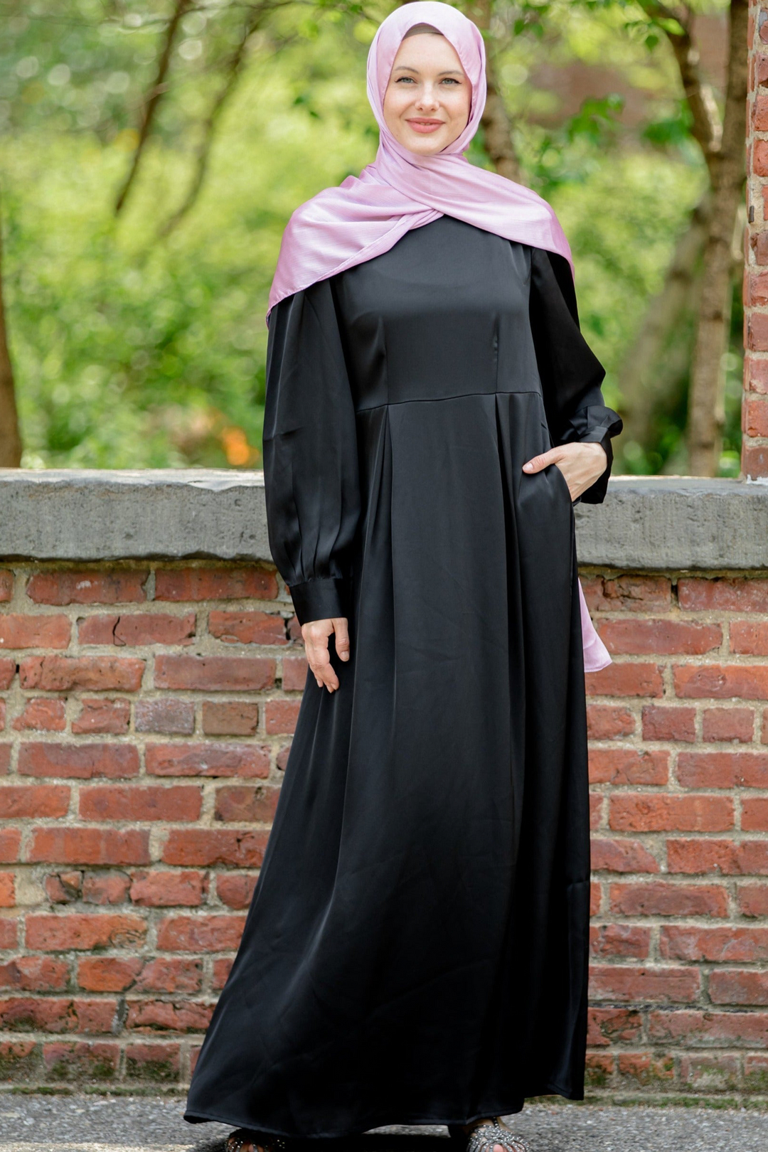 Urban Modesty - Black Satin Pockets Long Sleeves Maxi Dress-CLEARANCE