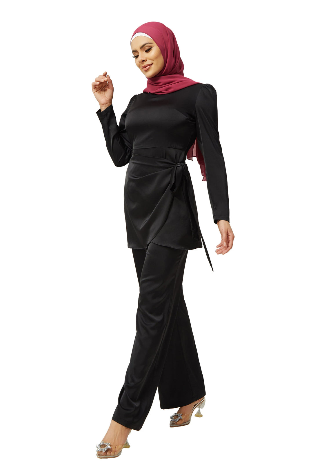 Black Satin Side Wrap Tunic & Pant Set