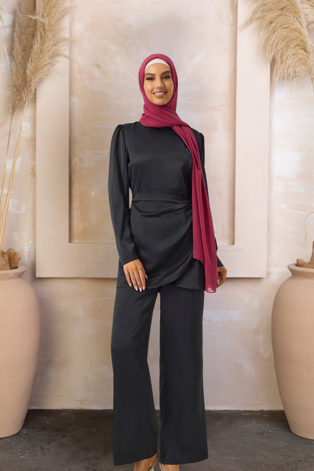 Black Satin Side Wrap Tunic & Pant Set