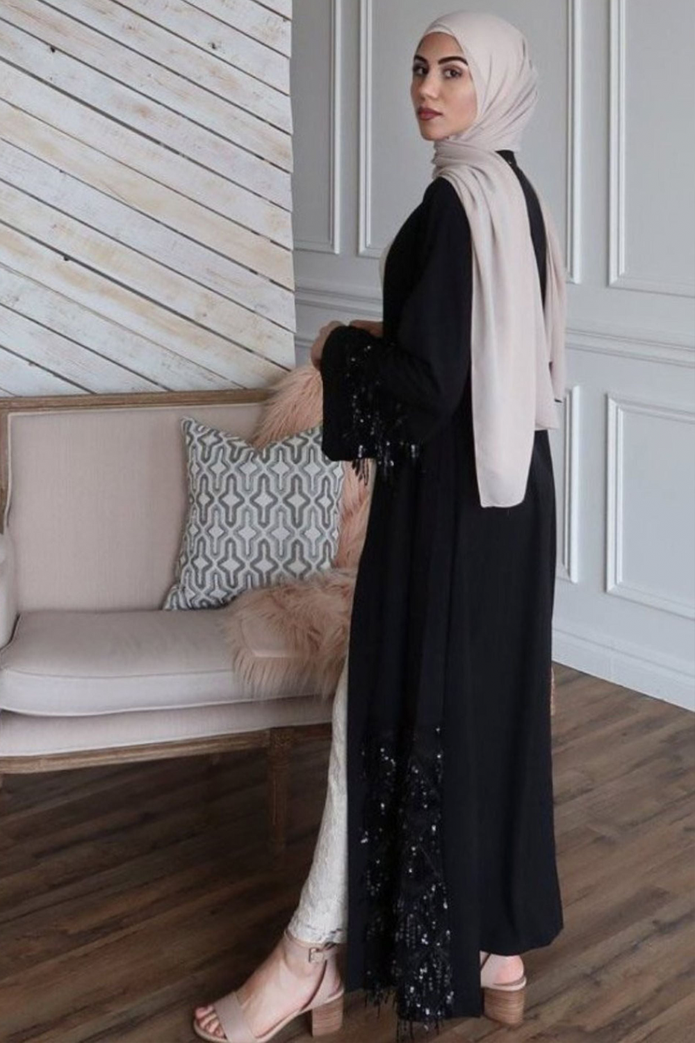 Black Sequin Fringe Open Front Abaya-CLEARANCE