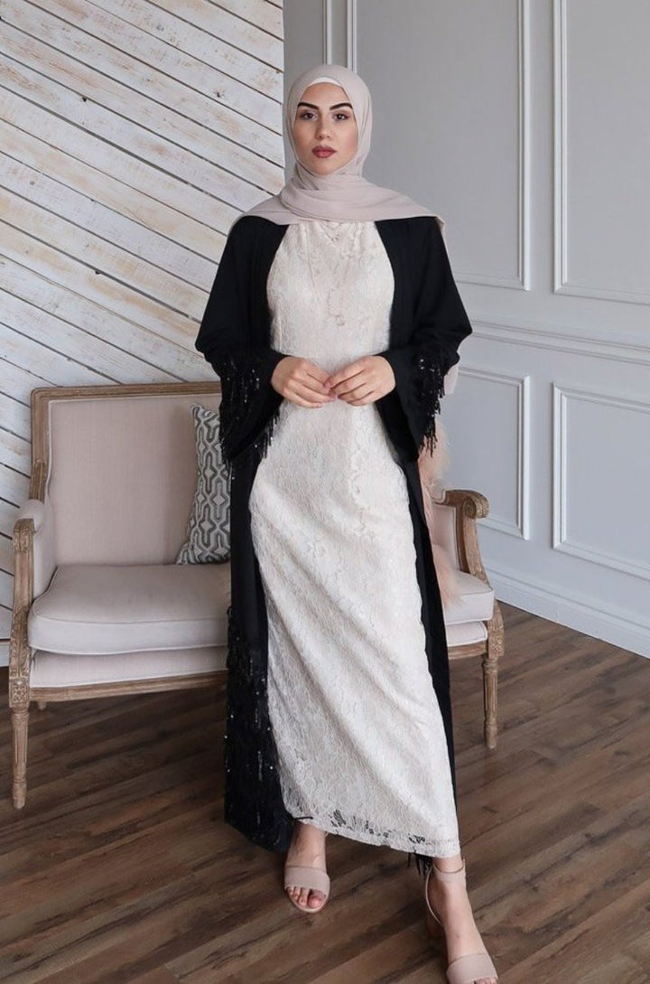 Urban Modesty - Black Sequin Fringe Open Front Abaya-CLEARANCE
