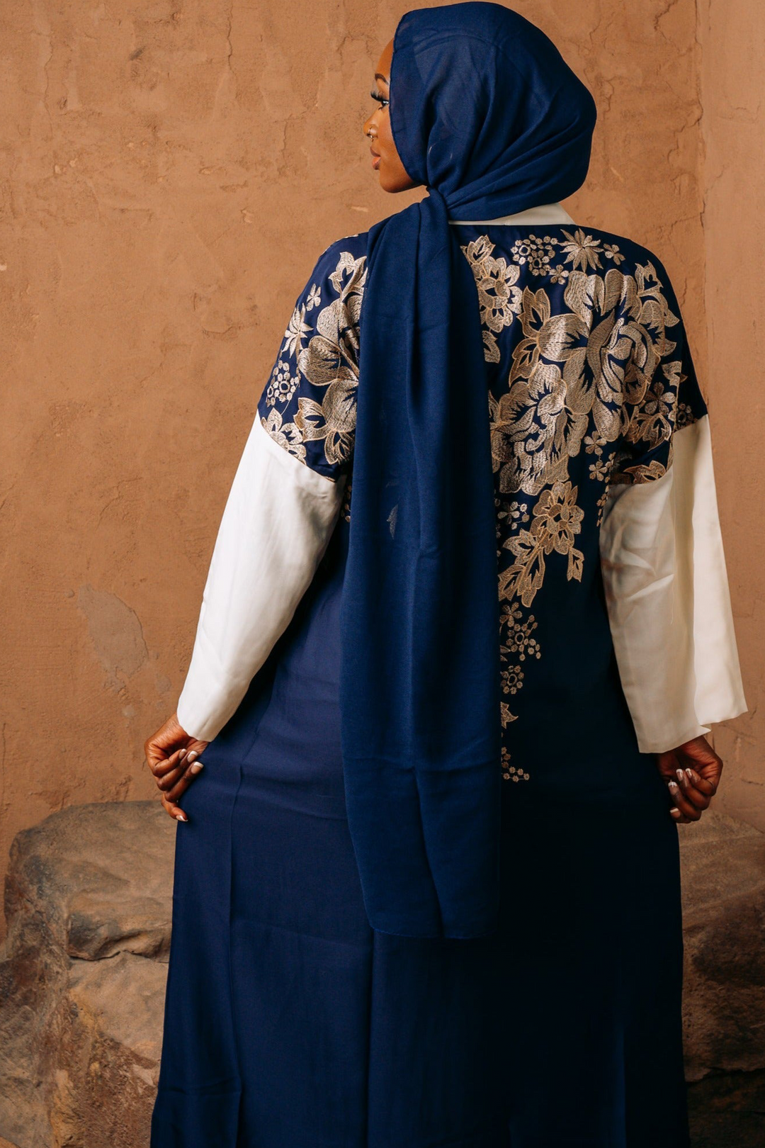 Urban Modesty - Blue and Ivory Floral Print Open Front Abaya