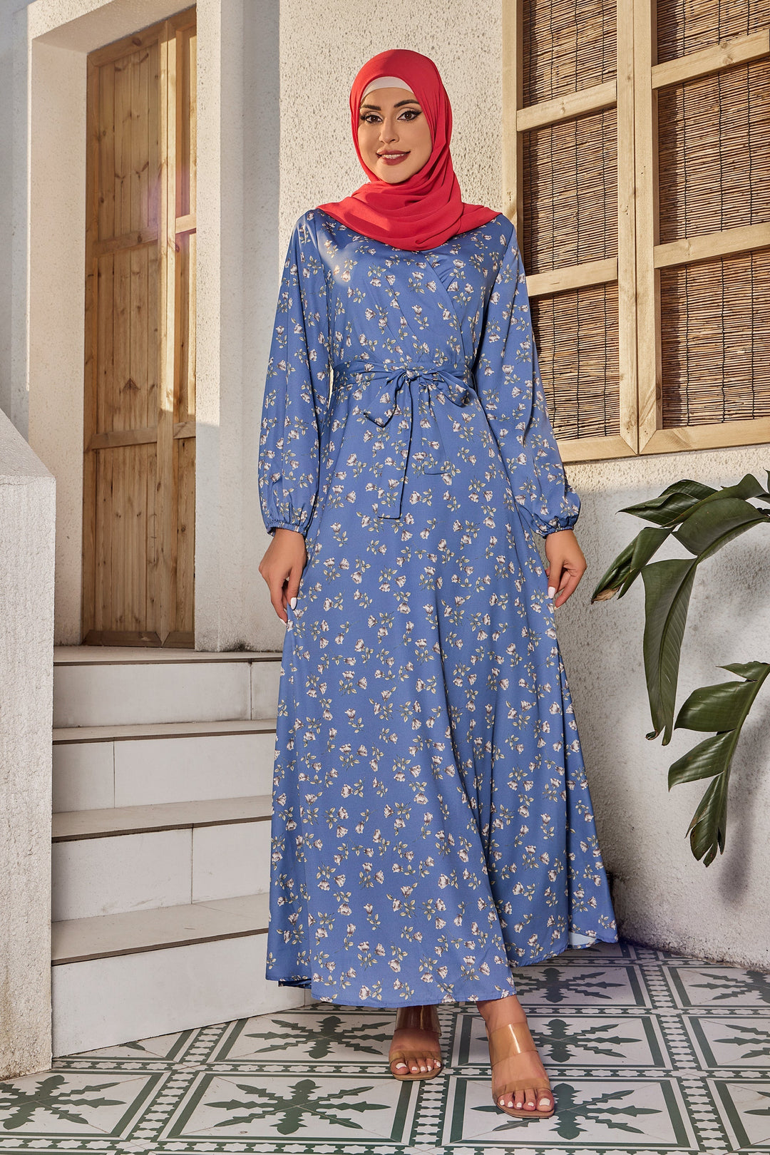Urban Modesty - Blue Criss Cross Floral Maxi Dress
