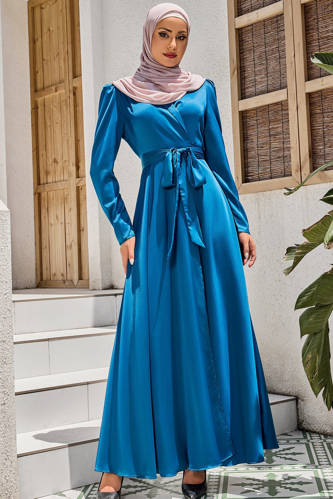 Urban Modesty - Blue Criss Cross Side Tie Maxi Dress-CLEARANCE