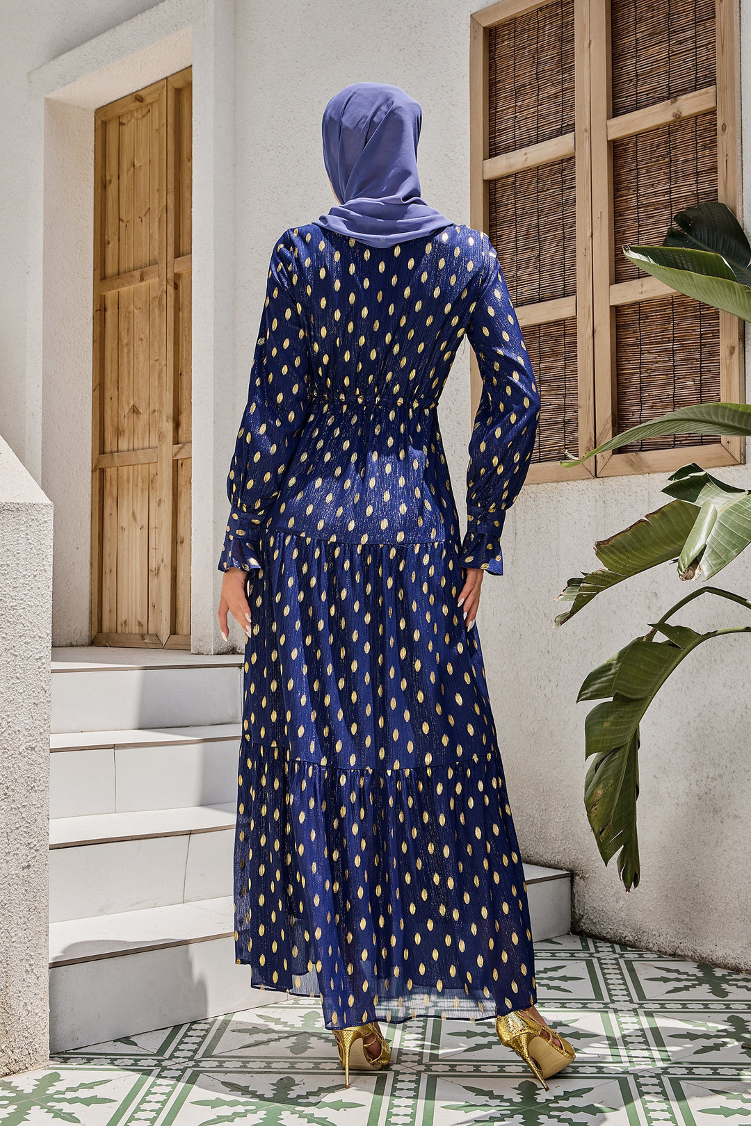 Urban Modesty - Blue Diamond Shimmer Tiered Drawstring Maxi Dress