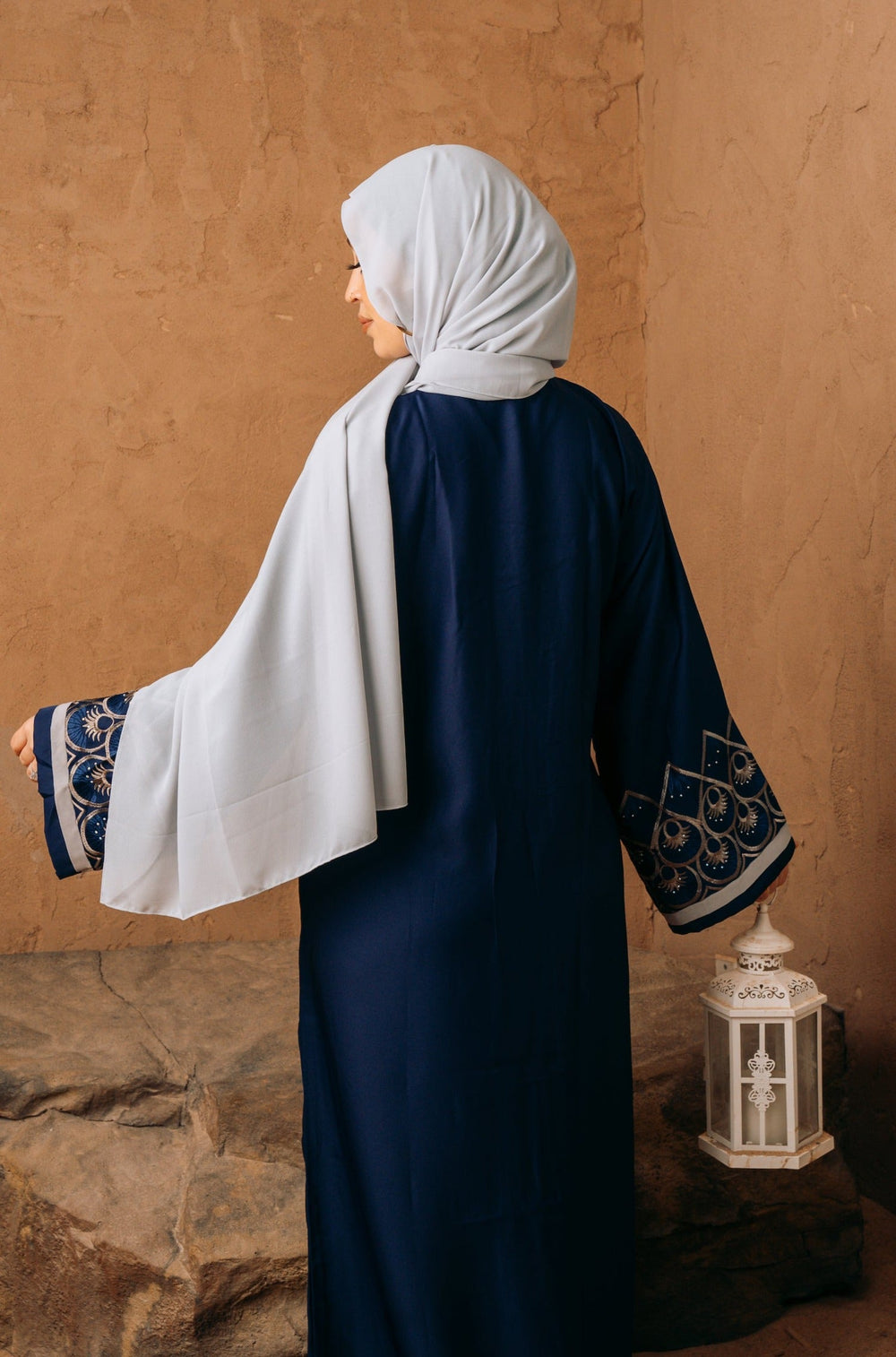 Urban Modesty - Blue Embroidered and Beaded Belted Open Front Abaya