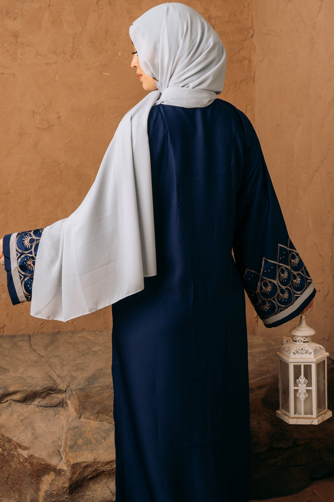 Blue Embroidered and Beaded Belted Open Front Abaya