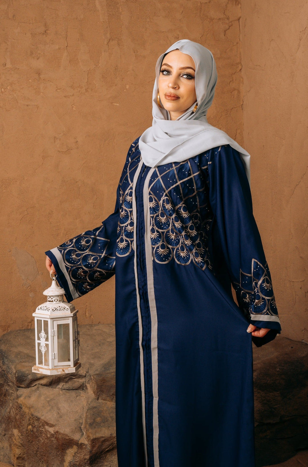 Urban Modesty - Blue Embroidered and Beaded Belted Open Front Abaya