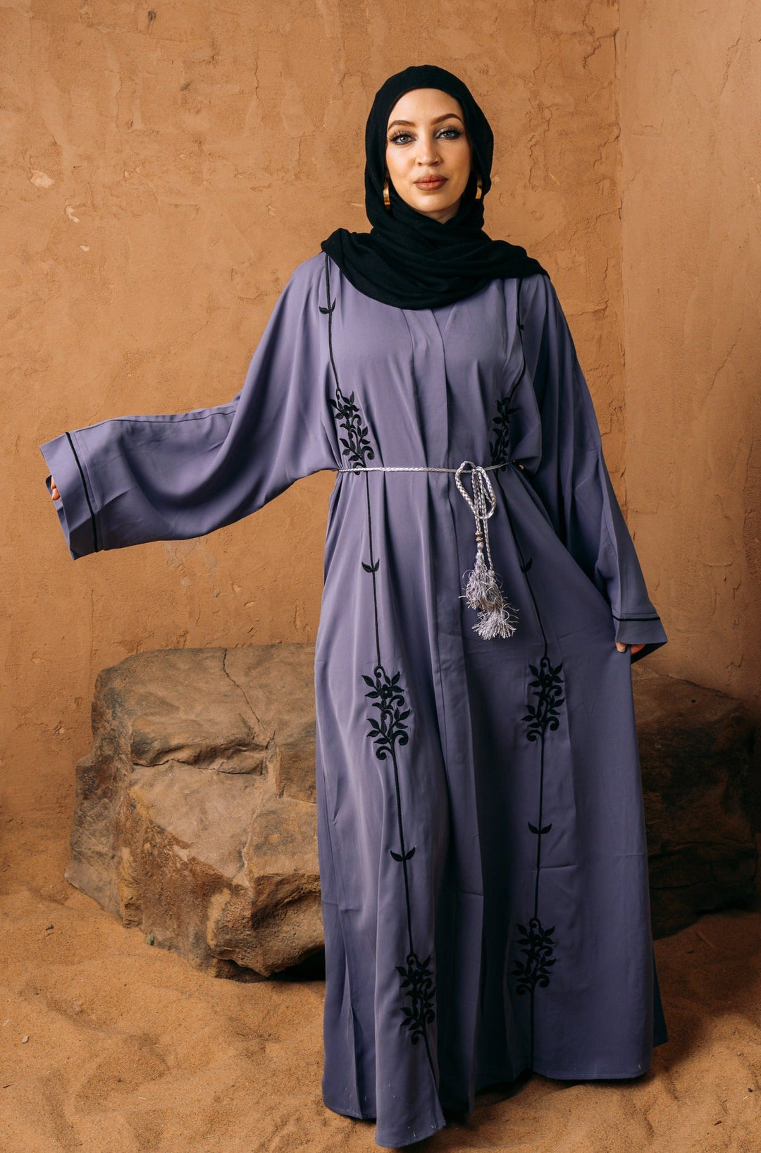 Urban Modesty - Blue Embroidered Open Front Kimono Sleeves Abaya