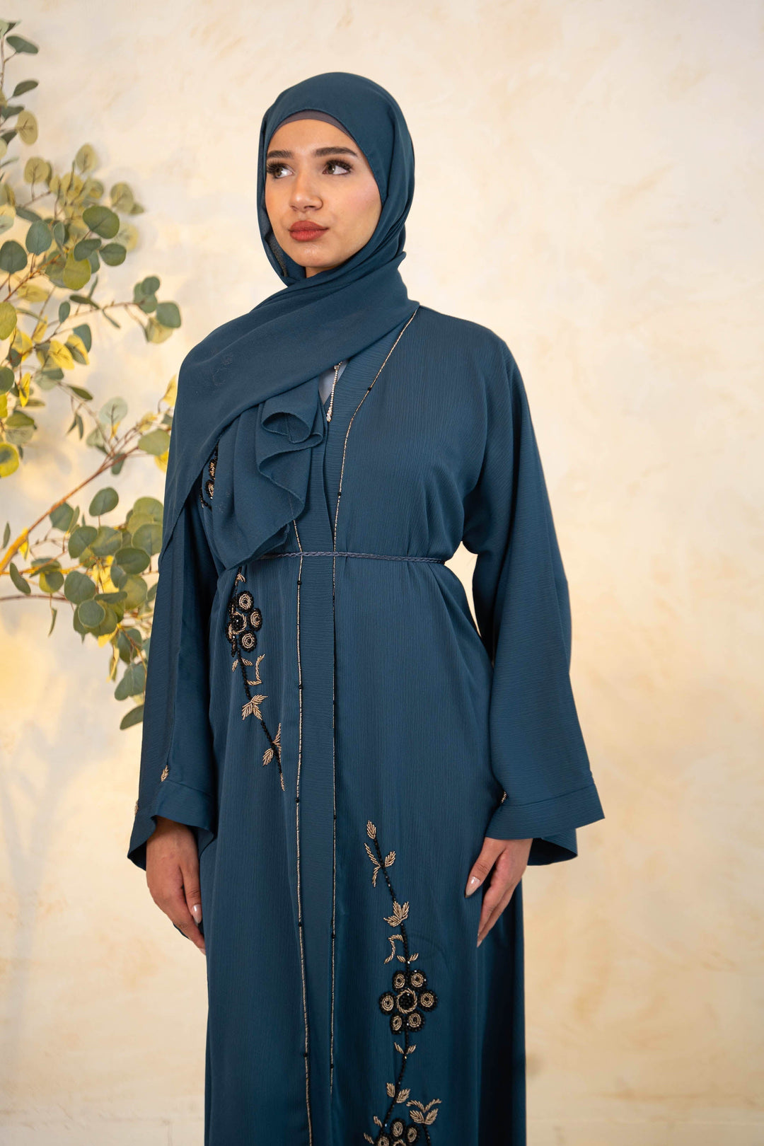 Blue Floral Beaded Kimono Sleeve Open Front Abaya