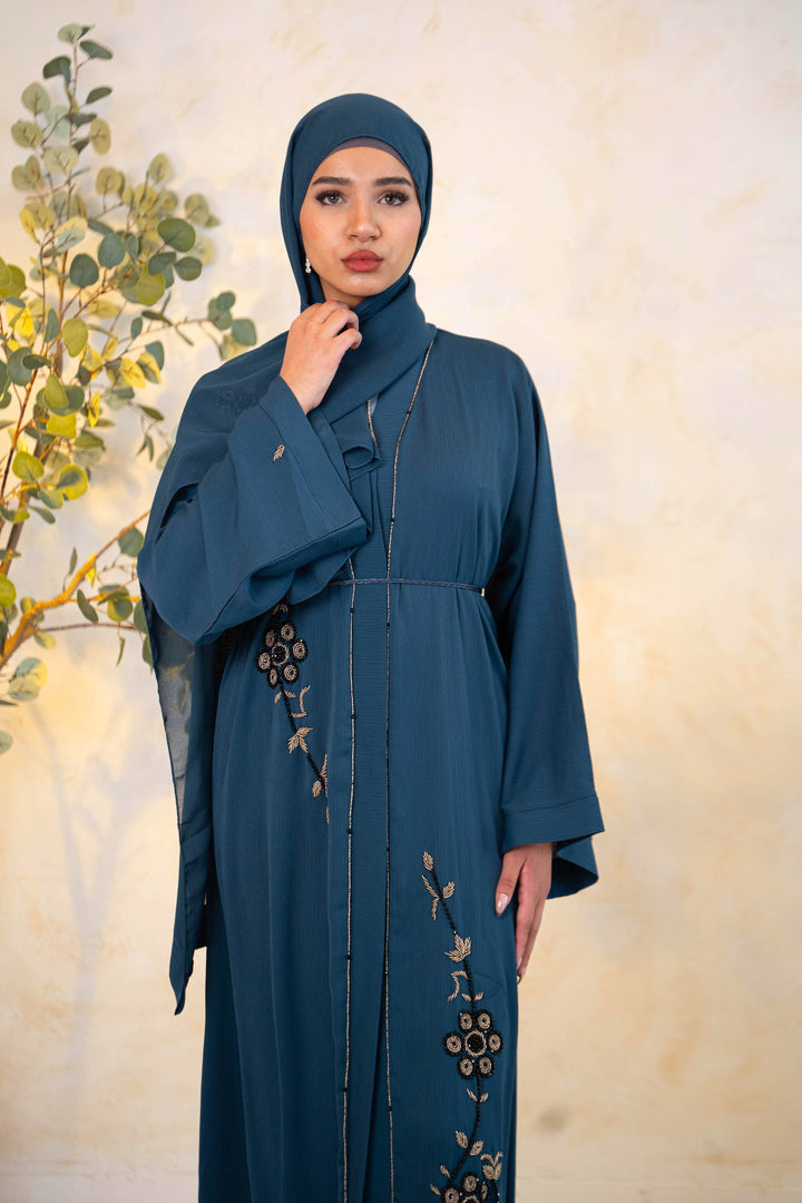 Blue Floral Beaded Kimono Sleeve Open Front Abaya