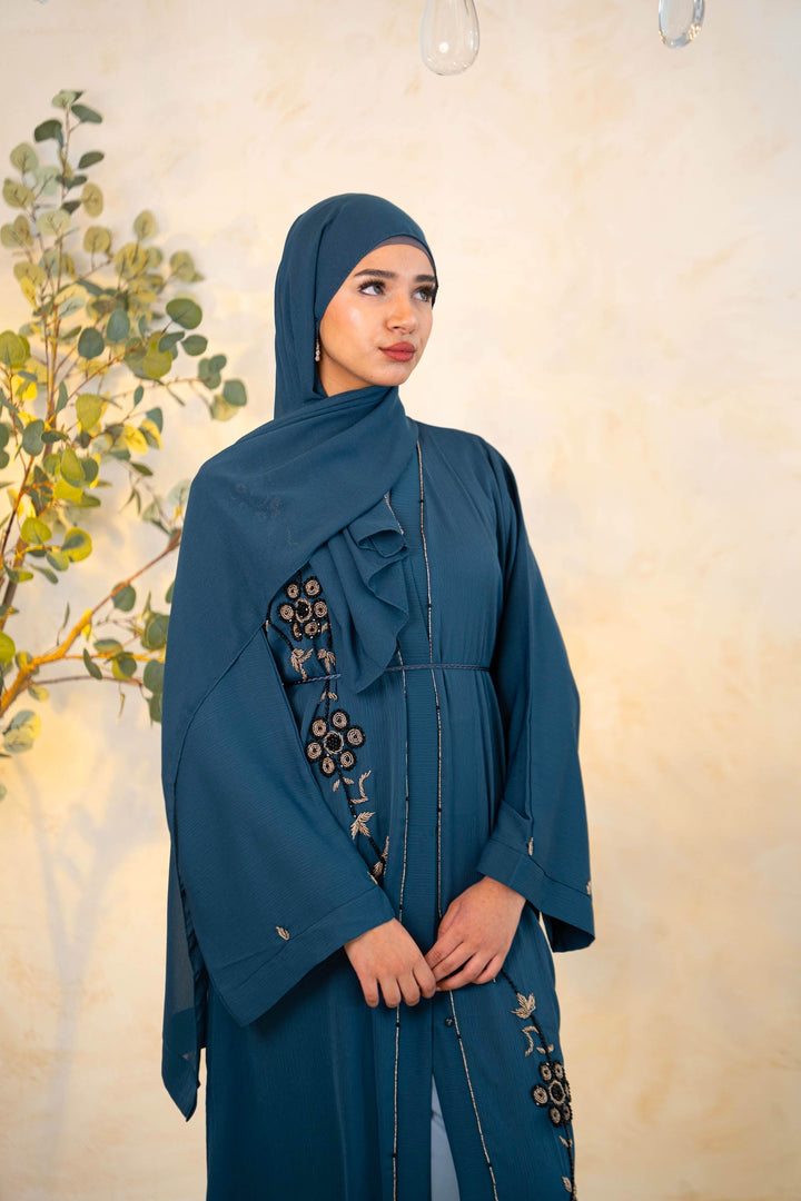 Blue Floral Beaded Kimono Sleeve Open Front Abaya