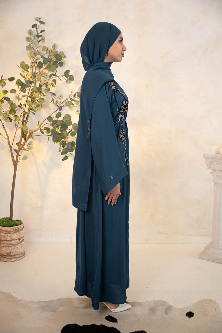 Blue Floral Beaded Kimono Sleeve Open Front Abaya