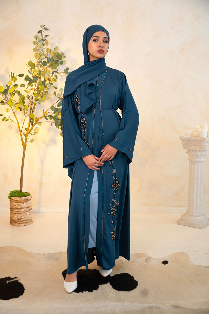 Blue Floral Beaded Kimono Sleeve Open Front Abaya