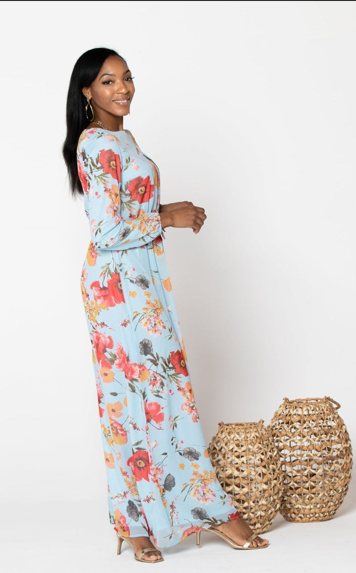 Urban Modesty - Blue Floral Drawstring Maxi Dress - Clearance