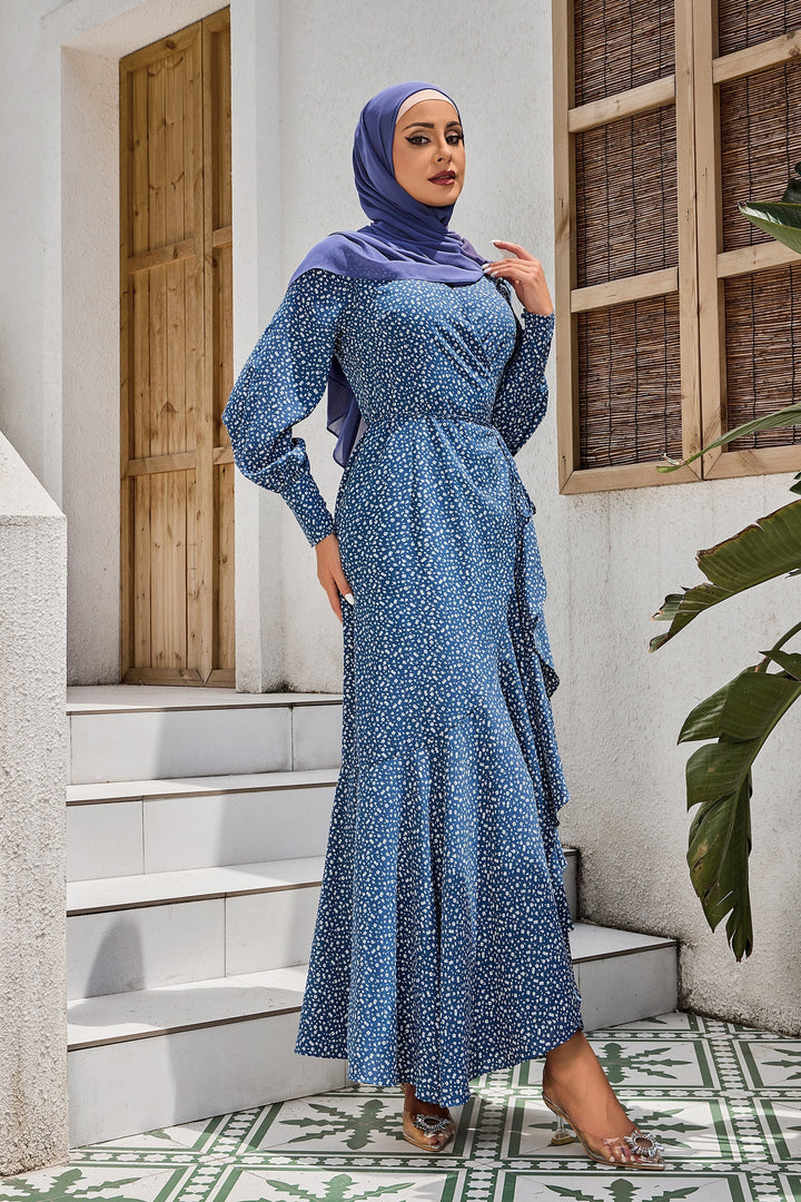 Urban Modesty - Blue Dotted Print Wrap Maxi Dress