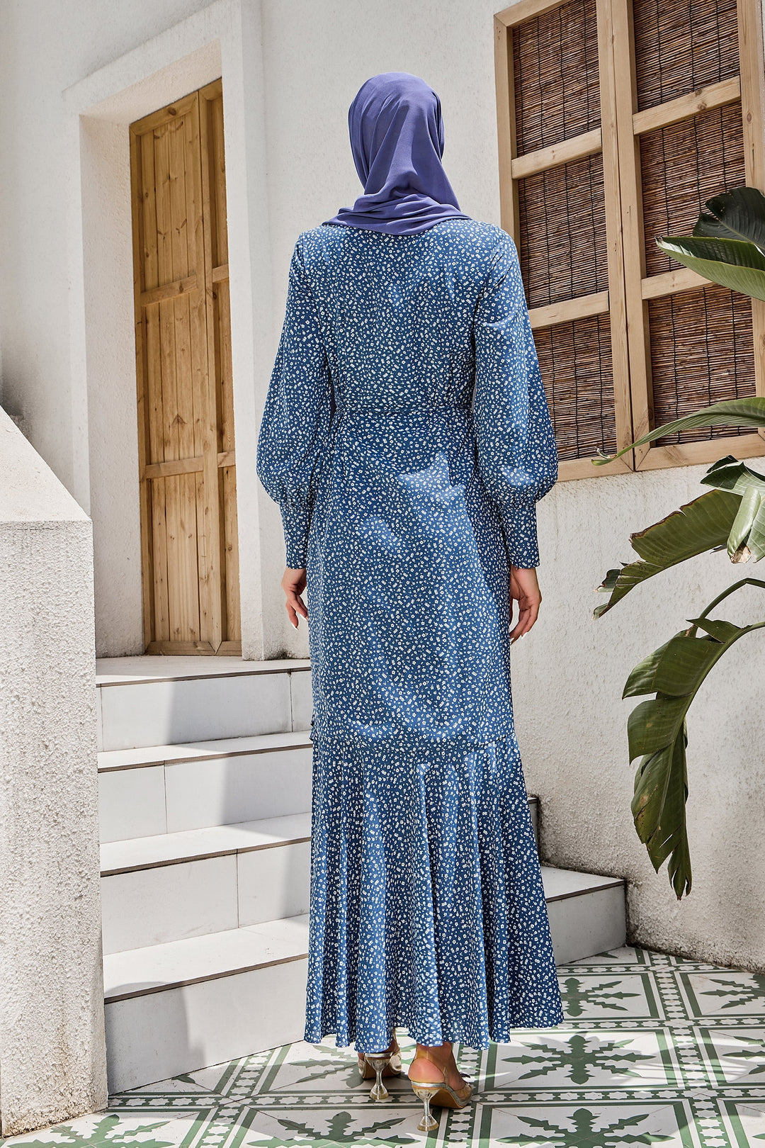 Urban Modesty - Blue Dotted Print Wrap Maxi Dress