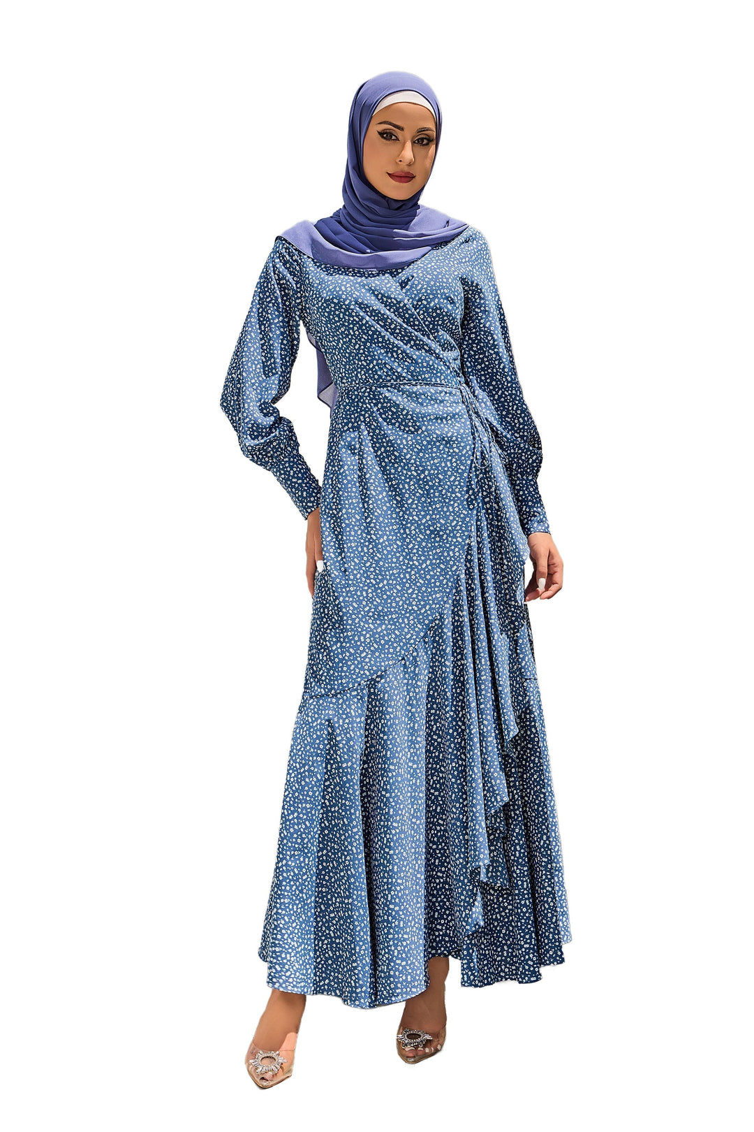 Blue Floral Print Wrap Maxi Dress