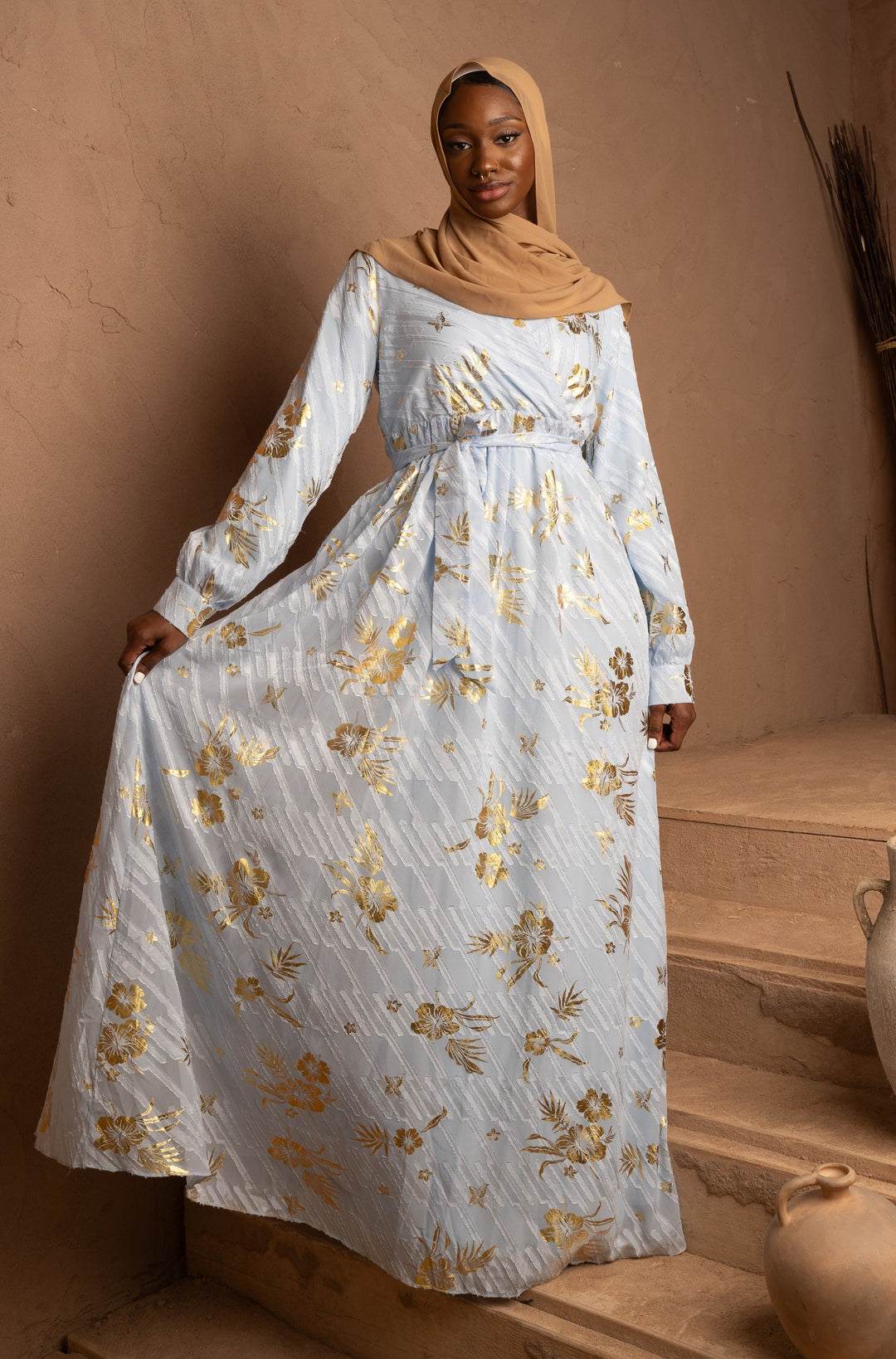 Urban Modesty - Blue Gold Floral Maxi Dress With Sleeves-CLEARANCE