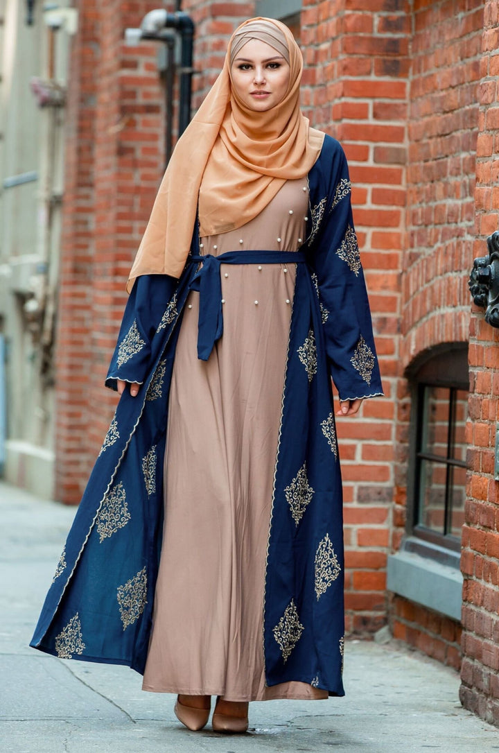 Urban Modesty - Blue Marrakech Damask Open Front Abaya