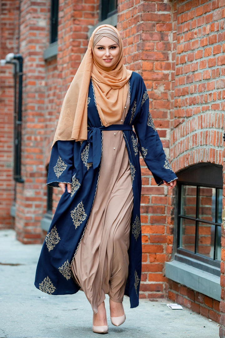 Urban Modesty - Blue Marrakech Damask Open Front Abaya