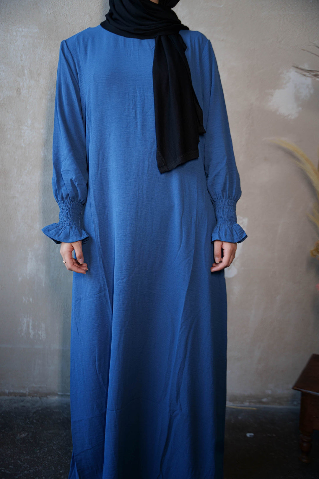 Urban Modesty - Blue Ruched Cuff Bell Sleeves Abaya Maxi Dress
