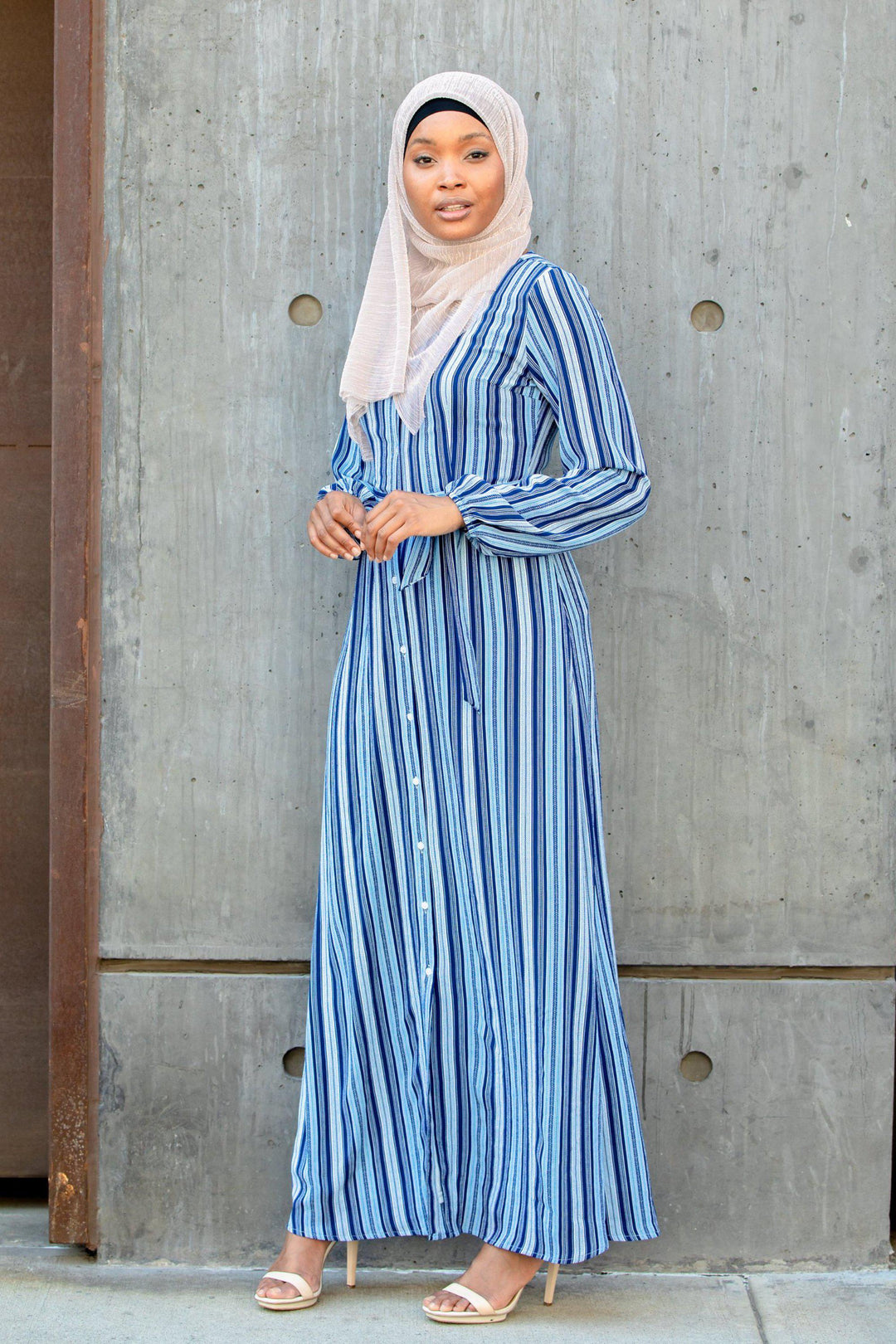 Urban Modesty - Blue Striped Button Down Maxi Dress