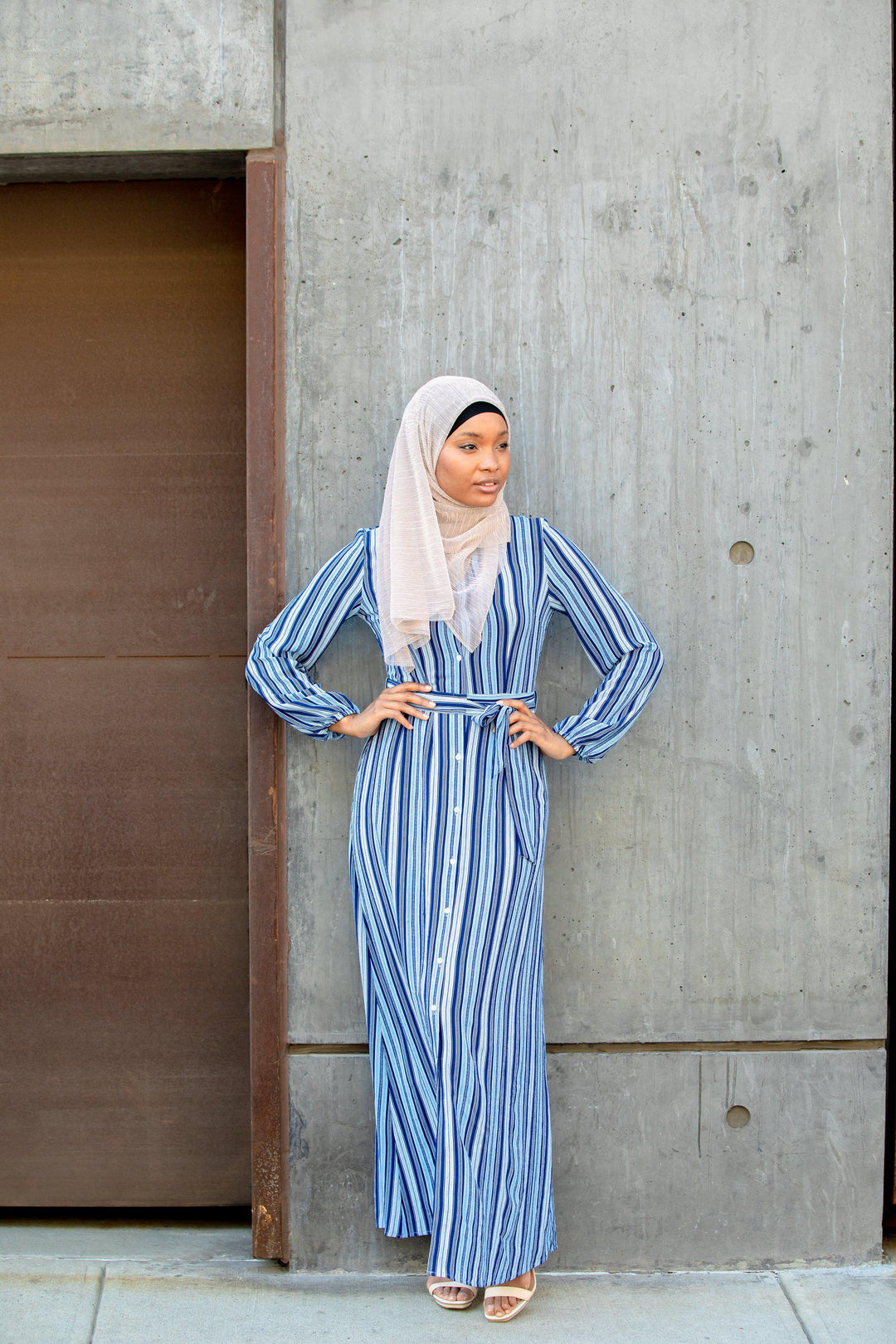 Urban Modesty - Blue Striped Button Down Maxi Dress