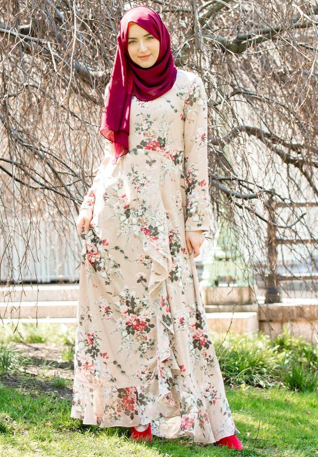 Urban Modesty - Blush Pink Ruffle Floral Maxi Dress With Sleeves