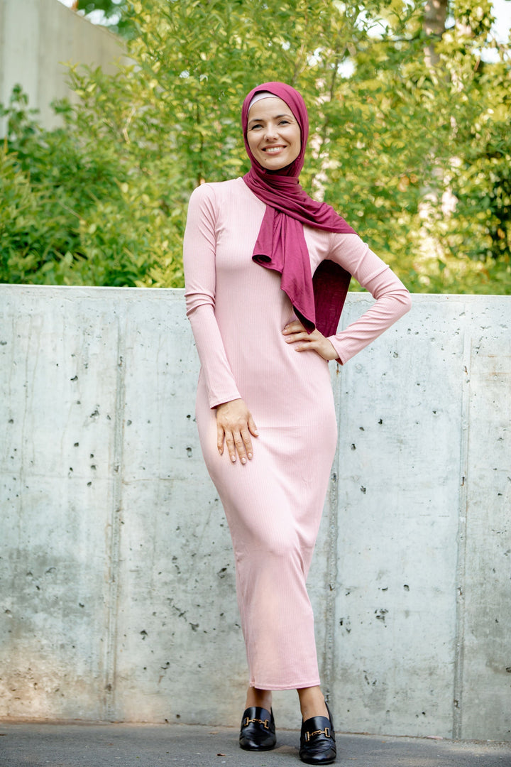 Urban Modesty - Blush Ribbed Long Sleeve Maxi Dress